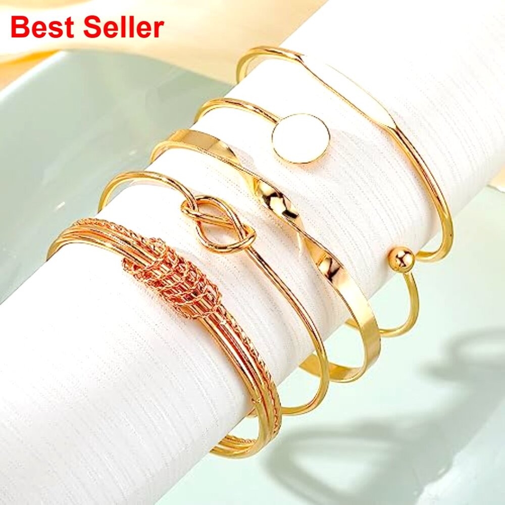 14k Gold-Plated Stackable Cuff Bracelets Set, Adj… - image 5